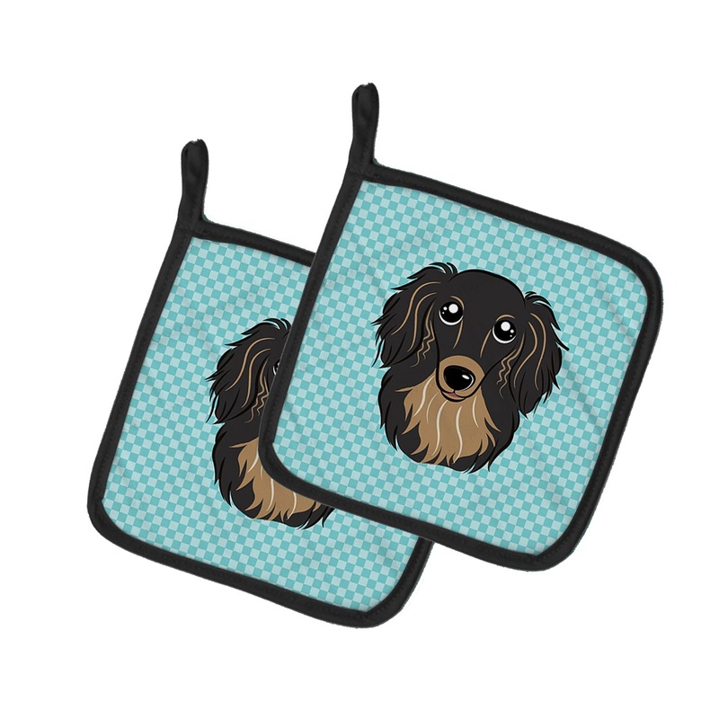 Checkerboard Blue Longhair Black and Tan Dachshund Pot Holders - Set of 2 - Heat-Resistant Kitchen Essentials BB1151PTHD