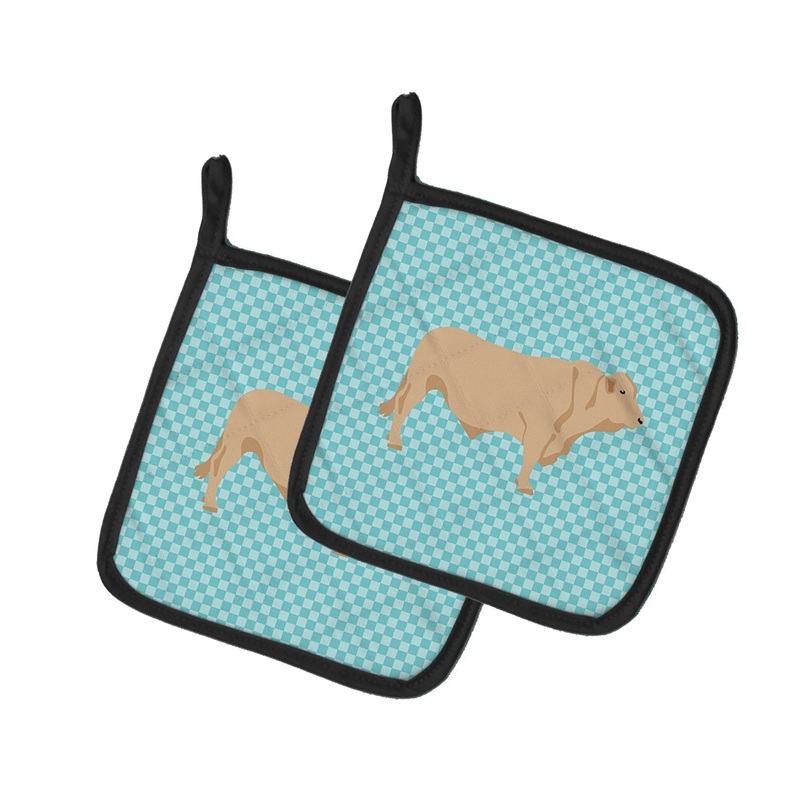 Charolais Cow Blue Check Pot Holders - Set of 2 - Heat-Resistant Kitchen Essentials BB8000PTHD