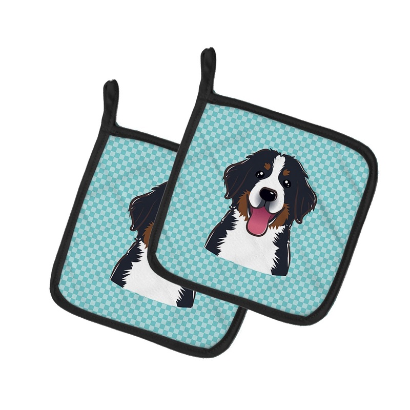 Checkerboard Blue Bernese Mountain Dog Pot Holders - Set of 2 - Heat-Resistant Kitchen Essentials BB1175PTHD