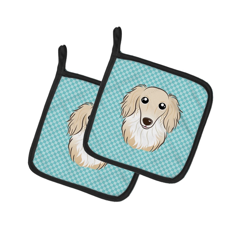 Checkerboard Blue Longhair Creme Dachshund Pot Holders - Set of 2 - Heat-Resistant Kitchen Essentials BB1150PTHD
