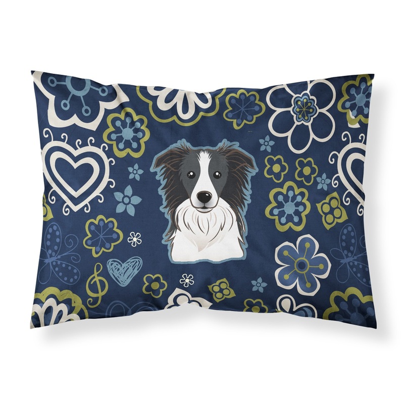 Blue Flowers Border Collie Fabric Standard Pillowcase  Artistic Decorative Front, White Back BB5092PILLOWCASE
