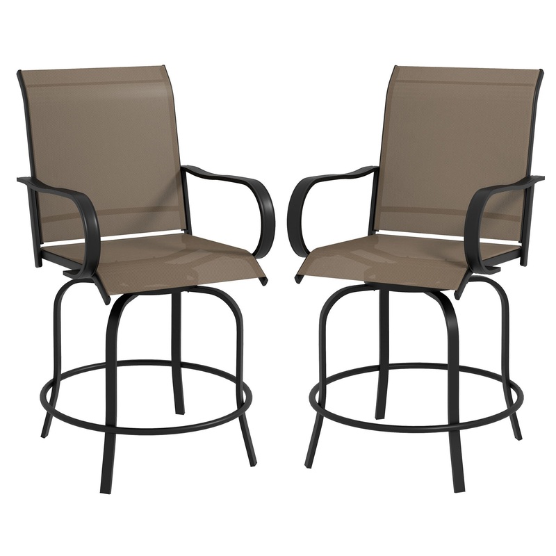Outdoor Bar Stools with Armrests, Set of 2 360 Swivel Bar Height Patio Chairs with High-Density Mesh Fabric, Steel Frame Dining Chairs for Balcony, Poolside, Backyard, Brown