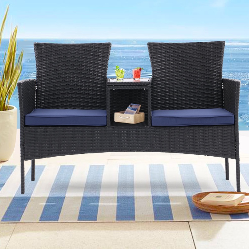 Outdoor Patio Loveseat Set,All Weather PE Rattan and Steel Frame Conversation Furniture with Built-in Coffee Table,Tempered Glass Top and Removable Cushions for Garden Lawn Backyard (Coffee+Blue)