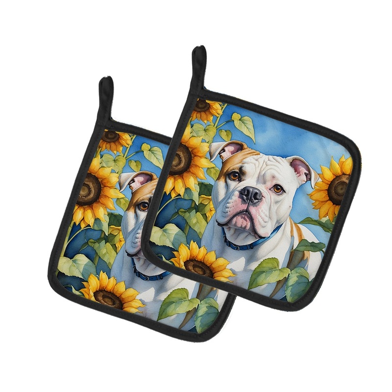 American Bulldog in Sunflowers Pot Holders - Set of 2 Decorative Kitchen Helpers | Made in the USA