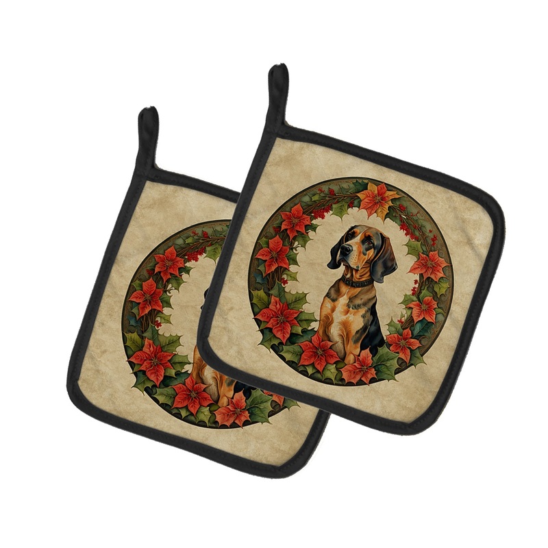 American English Coonhound Christmas Flowers Pot Holders - Set of 2 Decorative Kitchen Helpers | Made in the USA