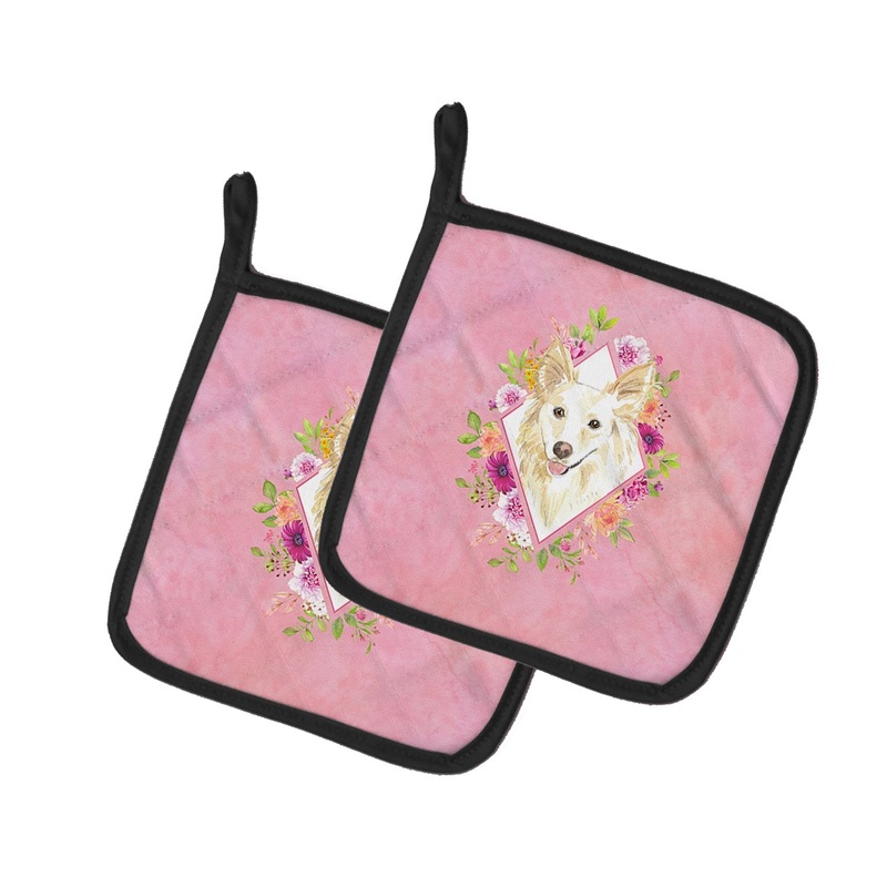 White Collie Pink Flowers Pot Holders - Set of 2 - Heat-Resistant Kitchen Essentials CK4201PTHD