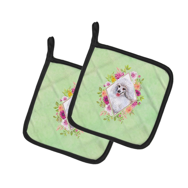 White Mini Poodle Green Flowers Pot Holders - Set of 2 - Heat-Resistant Kitchen Essentials CK4332PTHD