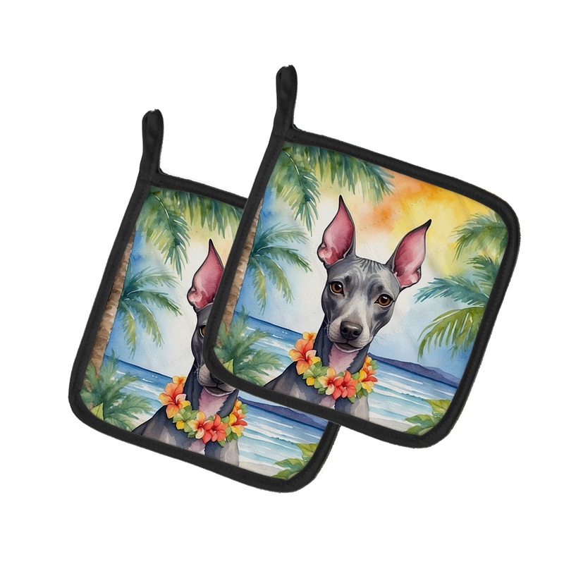 American Hairless Terrier Luau Pot Holders - Set of 2 Decorative Kitchen Helpers | Made in the USA