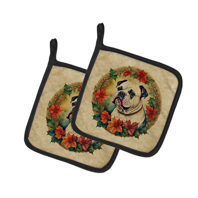 American Bulldog Christmas Flowers Pot Holders - Set of 2 Decorative Kitchen Helpers | Made in the USA