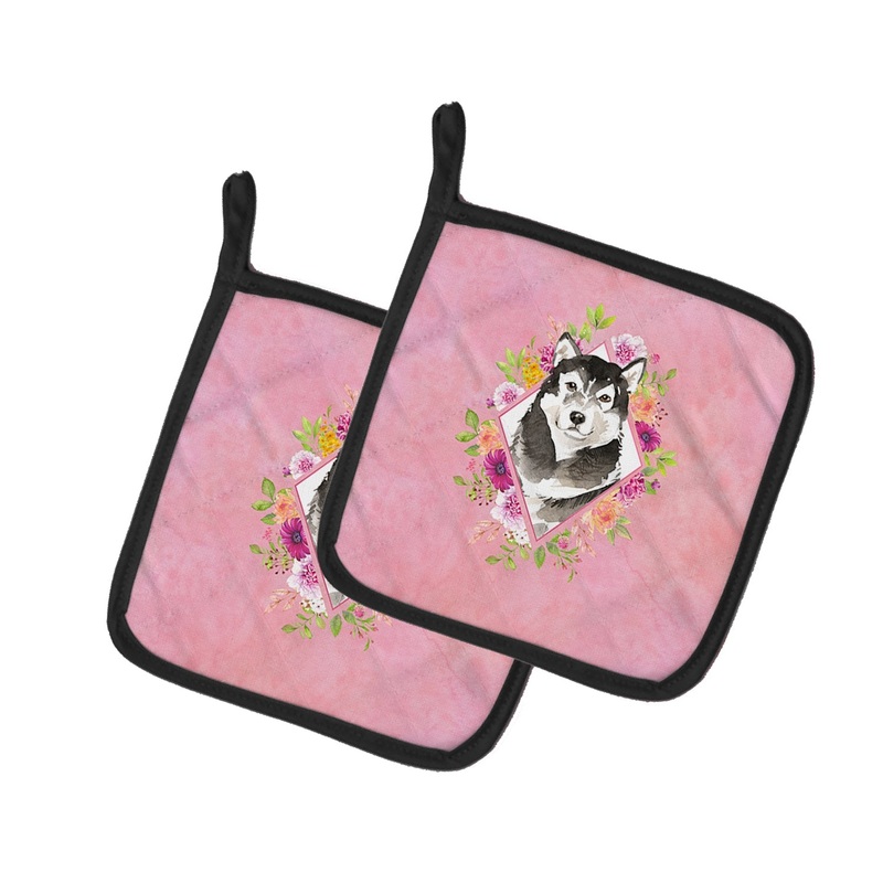 Alaskan Malamute Pink Flowers Pot Holders - Set of 2 - Heat-Resistant Kitchen Essentials CK4224PTHD