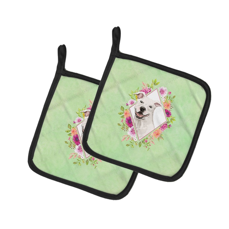 White Pit Bull Terrier Green Flowers Pot Holders - Set of 2 - Heat-Resistant Kitchen Essentials CK4428PTHD
