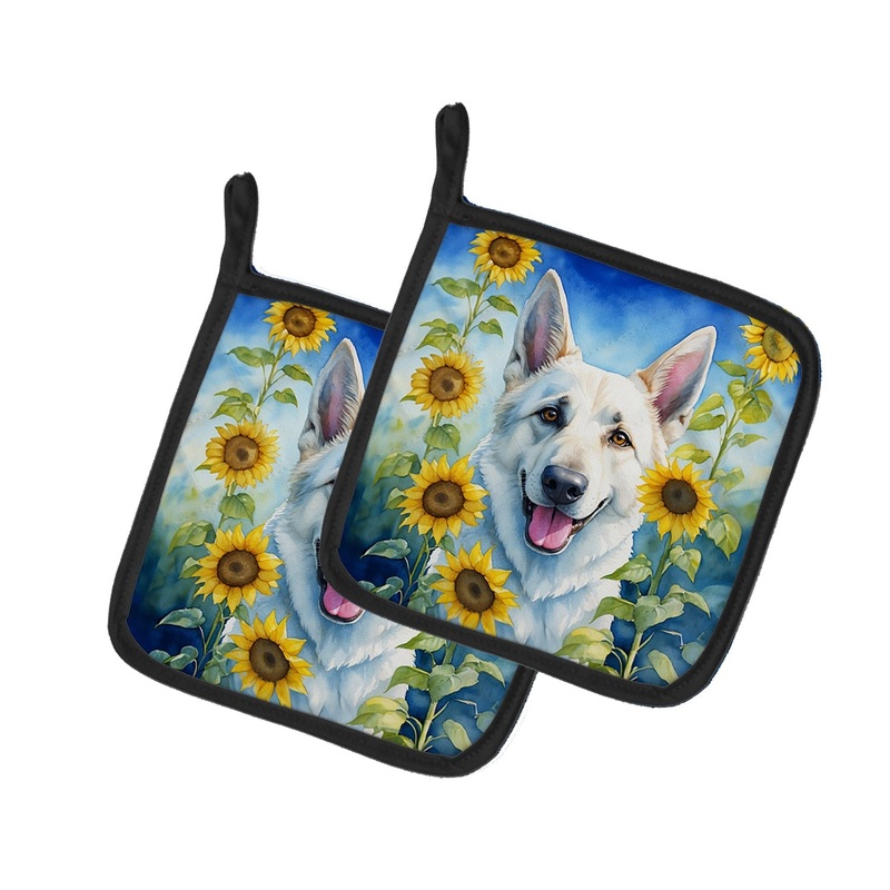 White German Shepherd in Sunflowers Pot Holders - Set of 2 Decorative Kitchen Helpers | Made in the USA