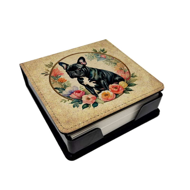Black French Bulldog and Flowers PU Leather Note Paper Holder