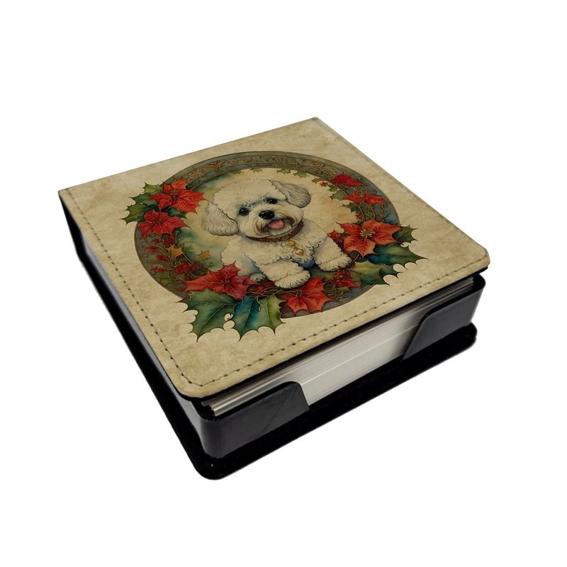 Bichon Frise Christmas Flowers PU Leather Note Paper Holder